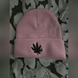 Pink Beanie with Black Leaf Embroidery